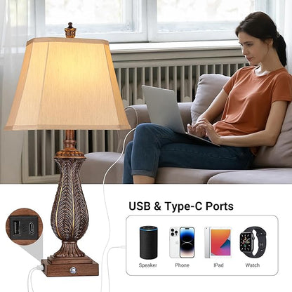 WIHTU 3-Way Dimmable Table Lamps for Bedrooms Set of 2, 30" H Touch Lamps for Living Room with USB & Type-C Ports, Brown Mermaid Bedside Lamp for Nightstand, Resin Farmhouse Rustic Lamp with 2 Bulb - LeafyLoom