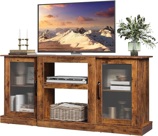 WLIVE TV Stand for 65 Inch TV, Retro Entertainment Center with Glass Cabinet Doors, 58" TV Stands for Living Room and Bedroom, Vintage Television Console, Rustic Brown - LeafyLoom