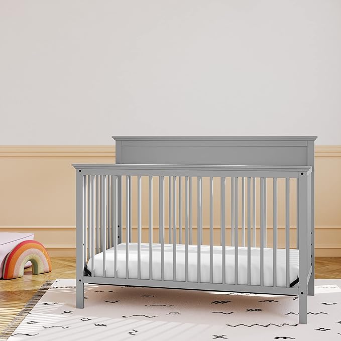 Storkcraft Carmel 5-in-1 Convertible Crib (Pebble Gray) - GREENGUARD Gold Certified, Converts to Toddler Bed & Full-Size Bed, Fits Standard Full-Size Crib Mattress, 4 Adjustable Mattress Heights - LeafyLoom