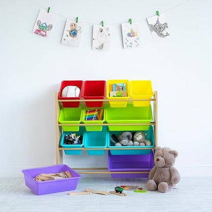 Humble Crew Kids Toy Storage Organizer with 12 Storage Bins, Rainbow/Natural Wood - LeafyLoom