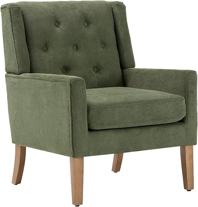 COLAMY Mid-Century Accent Chairs, Modern Wingback Living Room Chair, Upholstered Armchair with Button Tufted Back and Wood Legs for Bedroom/Office/Reading Spaces, Green - LeafyLoom