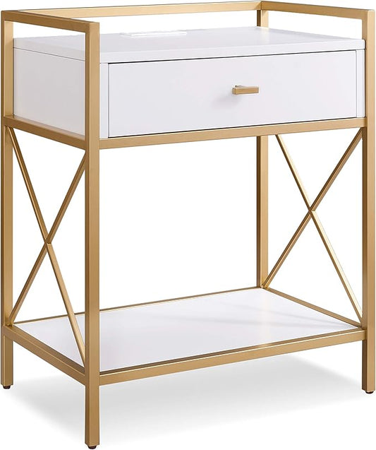 Leick Home 9069-WT Claudette Nightstand Side Table One Drawer Contemporary Fast Station A/C USB Charging Port Integrated Durable Solid Wood Metal Living Room Bedroom Office White/Gold, 24" x 18" x 30" - LeafyLoom