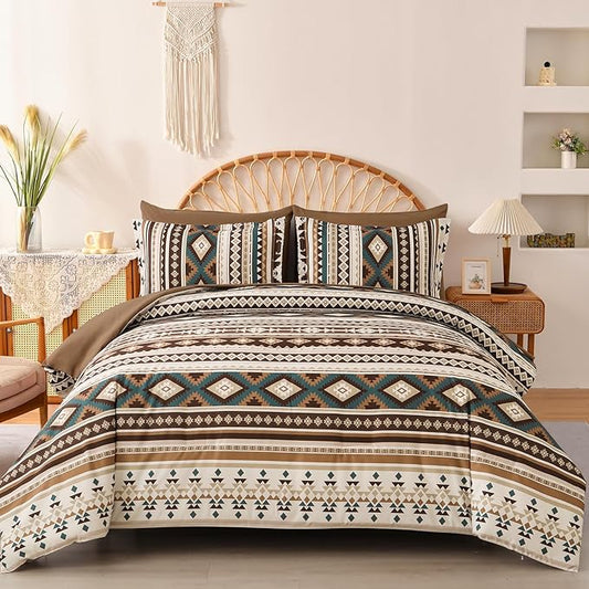 Dinjoy Brown Boho Comforter Set Queen Size,7 Pieces Bed in a Bag Queen Coffee Western Bedding Sets with Sheets Bohemian Geometric Striped Complete Set Aztec for All Seasons Summer 90"x90" - LeafyLoom