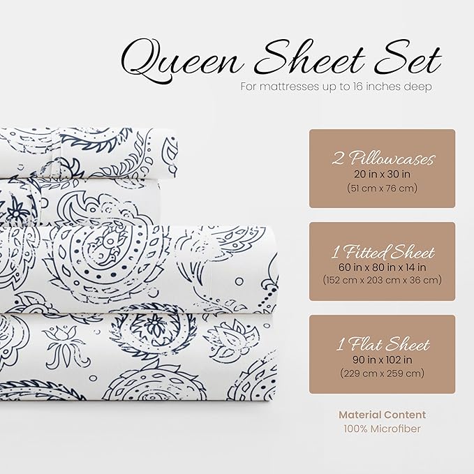 Linen Market 4 Piece Queen Bedding Sheet Set (Navy Floral) - Sleep Better Than Ever with These Ultra-Soft & Cooling Bed Sheets for Your Queen Size Bed - Deep Pocket Fits 16" Mattress - LeafyLoom