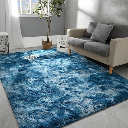 5x8 Large Area Rugs for Living Room, Super Soft Fluffy Modern Bedroom Rug, Tie-Dyed Dark Blue Indoor Shag Fuzzy Carpets for Girls Kids Nursery Room Home Decor - LeafyLoom