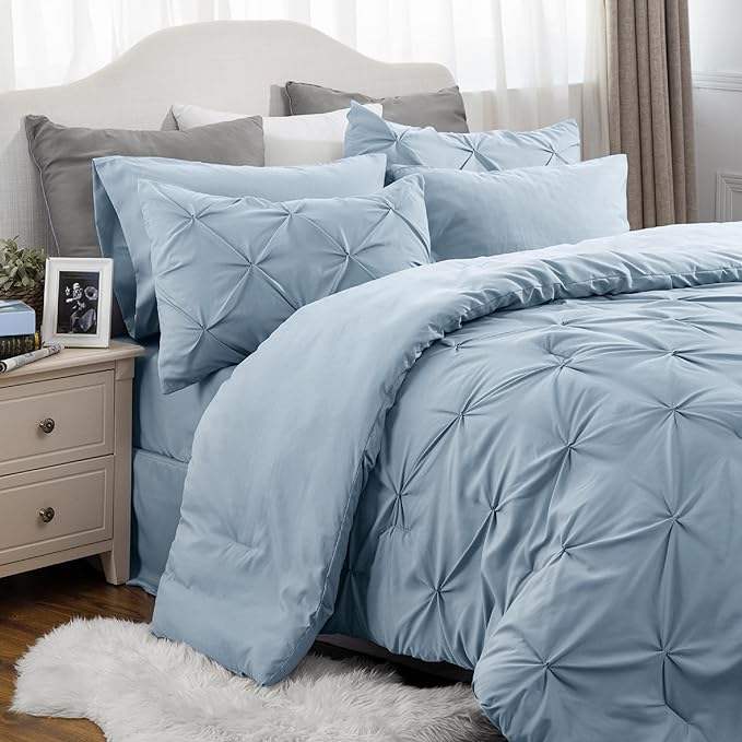 Bedsure Blue Comforter Set Queen - Bed in a Bag Queen 7 Pieces, Pintuck Bedding Sets Light Blue Bed Set with Comforter, Sheets, Pillowcases & Shams - LeafyLoom