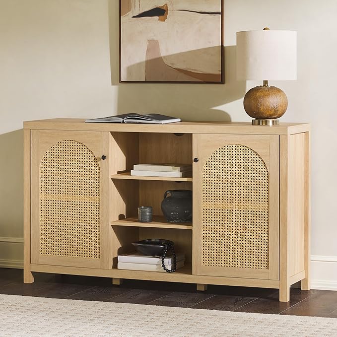 Walker Edison Boho Arched Rattan 2-Door Sideboard, 58 Inch, Coastal Oak - LeafyLoom