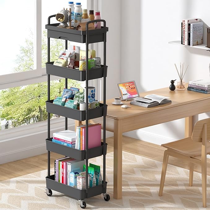 5-Tier Rolling Utility Cart，Trolley with Drawer, Multifunctional Storage Organizer with Plastic Shelf & Metal Wheels, Storage Cart for Living Room, Kitchen, Office, Bathroom, Black - LeafyLoom