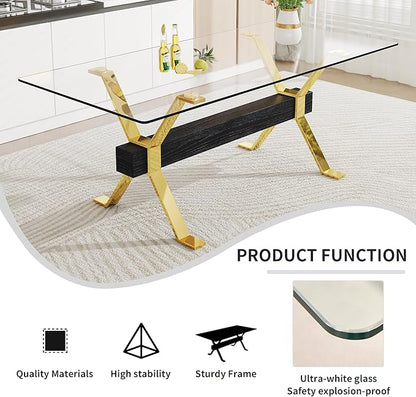 NicBex Dining Table Modern Tempered Glass Dining Table Large Modern Office Desk with Gold Plated Metal Legs and MDF Crossbars, Suitable for Both Home and Office Use, Gold + Black - LeafyLoom