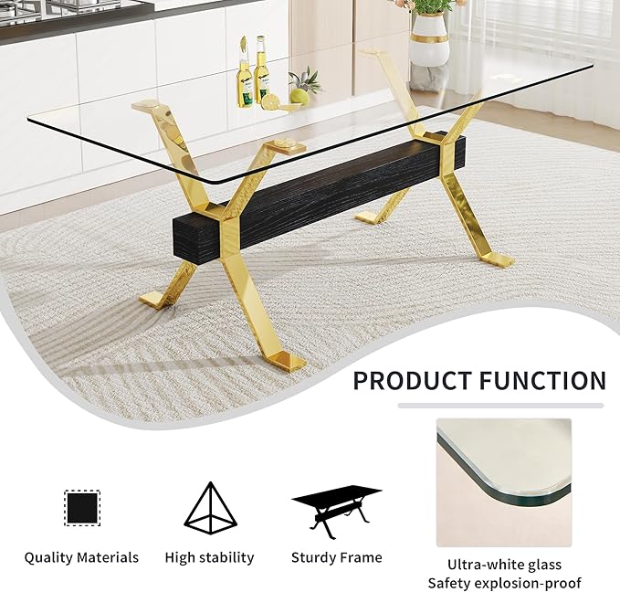 Rectangular Table with Tempered Glass Tabletop,Modern Dinner Desk W/Metal Tubular Legs, Home,Kitchen,Dining Room,Office,Gold, 79" Black Crossbars - LeafyLoom