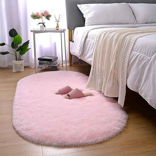 Merelax Soft Shaggy Rug for Kids Bedroom, Oval 2.6'x5.3' Pink Plush Fluffy Carpets for Living Room, Furry Carpet for Teen Girls Room, Anti-skid Fuzzy Comfy Rug for Nursery Decor Cute Baby Play Mat - LeafyLoom