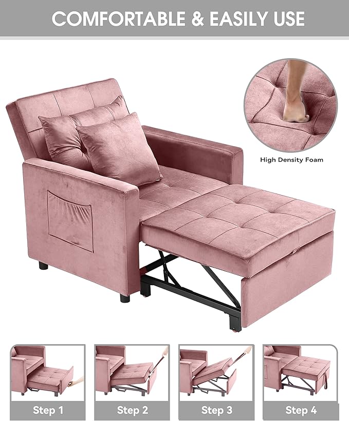 XSPRACER [UPDATED] Convertible Chair Bed, Sleeper Chair Bed 3 in 1, Stepless Adjustable Backrest,Armchair, Sofa, Bed, Flannel, Pink, Single One - LeafyLoom