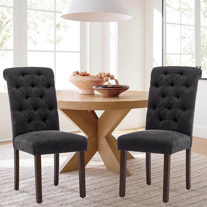 COLAMY Button Tufted Dining Chairs Set of 4, Parsons Upholstered Fabric Dining Room Chairs Kitchen Chairs with Wood Legs and Padded Seat, Black - LeafyLoom