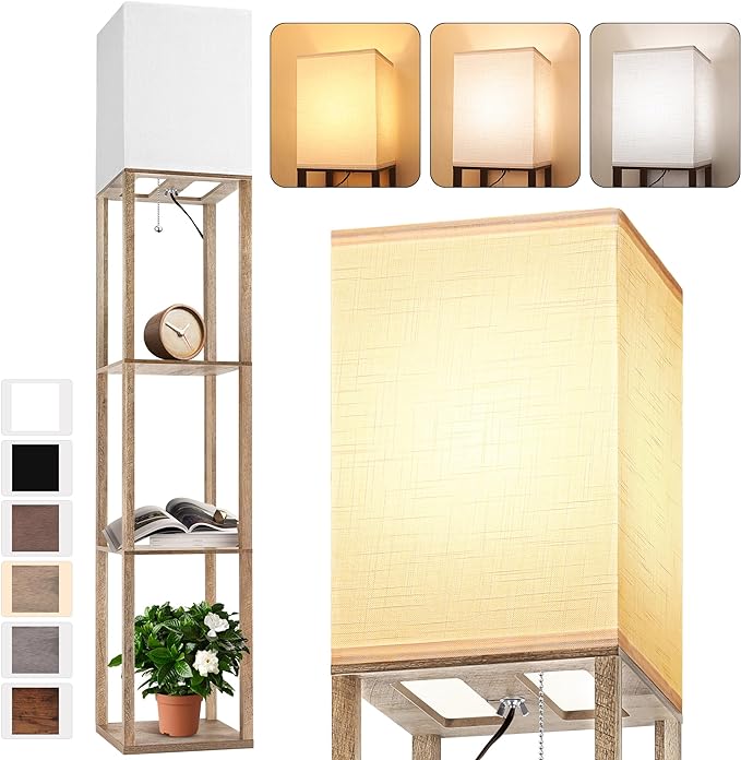 Floor Lamp with Shelves for Living Room Natural Wood, Shelf Floor Lamp with 3 CCT LED Bulb, Corner Display Standing Column Lamp Etagere Organizer Tower Nightstand with White Linen Shade for Bedroom - LeafyLoom