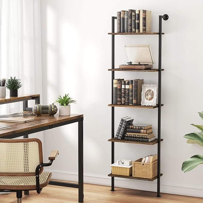 5-Tier Bookshelf Solid Wood Ladder Shelf, Narrow Book shelf Display Shelf, Wooden Ladder Shelf Bookcase, Wall Mount Ladder Shelf, Storage Rack for Living Room, Bedroom, Industrial Style, Dark Brown - LeafyLoom