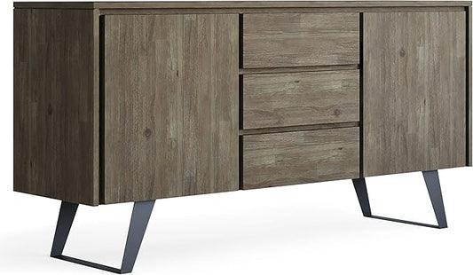 SIMPLIHOME Lowry SOLID ACACIA WOOD and Metal 60 Inch Wide Rectangle Modern Industrial Sideboard Buffet in Distressed Grey, For the Dining Room and Kitchen - LeafyLoom