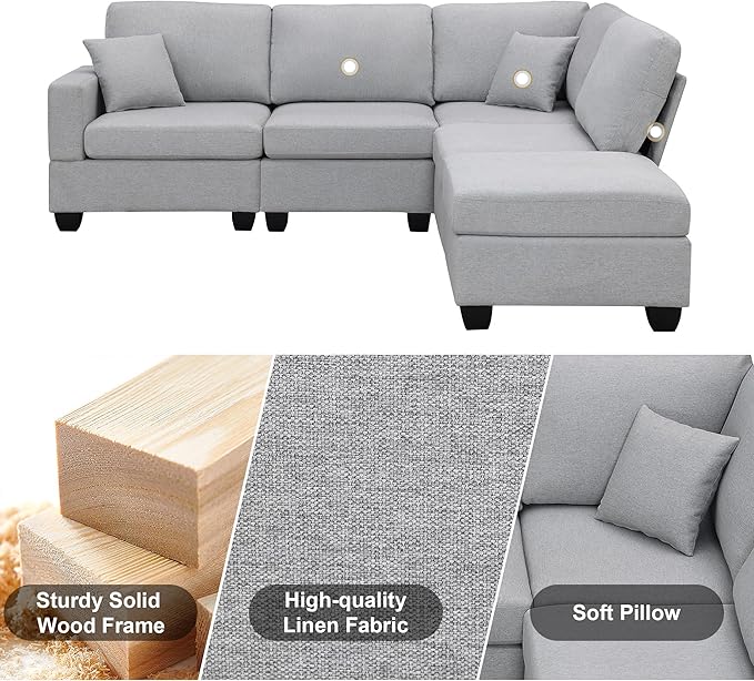 89.8" Modern Sectional Sofa with Convertible Ottoman and 2 Pillows,L-Shape Linen Fabric Corner Couch 5 Set W/Back & Cushion,can Hold up to 330 Lbs,for Apartment,Living Room,Light Grey - LeafyLoom