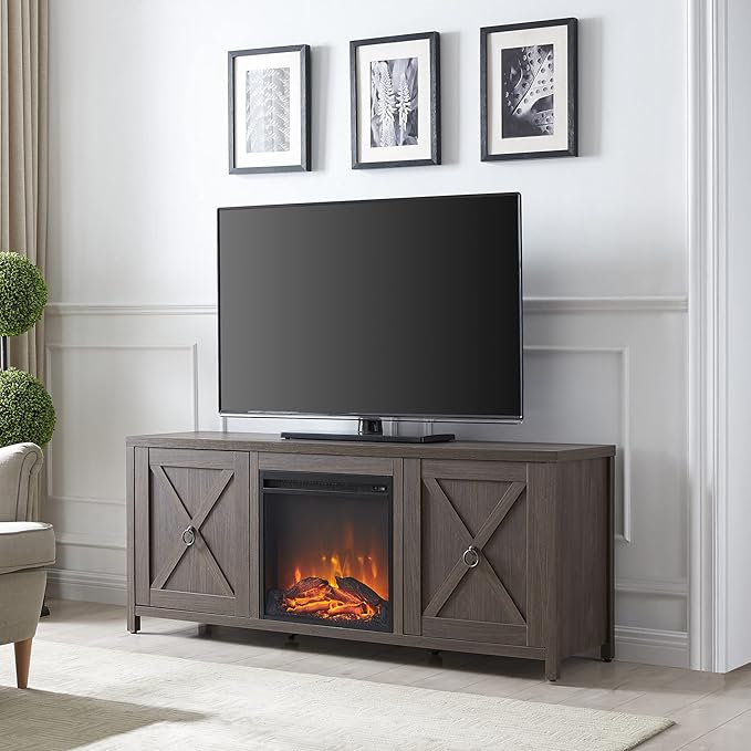 Henn&Hart Rectangular TV Stand with Log Fireplace for TV's up to 65" in Alder Brown, Electric Fireplace TV Stands for the Living Room - LeafyLoom