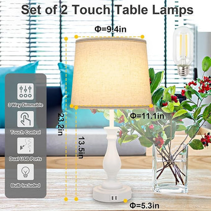 Farmhouse Table Lamp Touch Control 3-Way Dimmable Table Lamp, Modern Nightstand Lamp with 2 USB Port Bedside Desk Lamp with Fabric Shade for Living Room Bedroom Hotel (Pack-01 White) - LeafyLoom