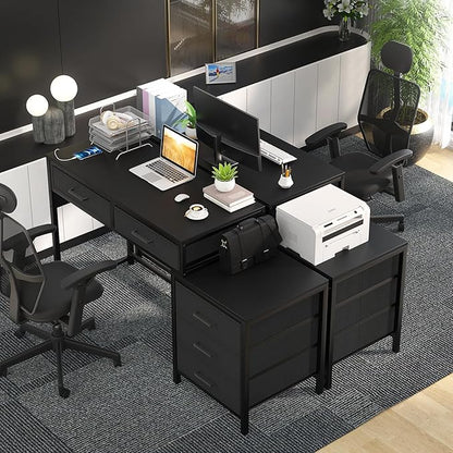 Computer Desk with 5 Drawers, Reversible Office Desk with Power Outlets and USB Charging Ports, Sturdy Writing Table with File Cabinet and Printer Stand, Laptop Desk for Small Spaces, Black - LeafyLoom