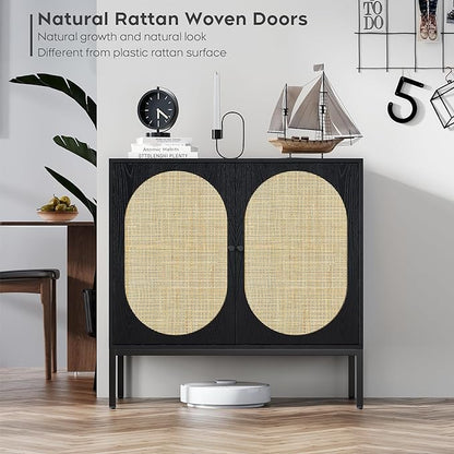 Brafab Set of 2 Rattan Cabinet Buffet Cabinet, Sideboard Cabinet with Natural Rattan Decorated Doors, Accent Cabinet, for Living Room, Entryway, Bedroom, Dining Room/Oval Doors, Black - LeafyLoom