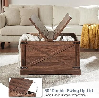 Farmhouse Square Coffee Table with Storage, Wood Center Table with Hinged Lift Top, Rustic Cocktail Table with Large Hidden Storage Compartment for Living Room, Bedroom,Brown - LeafyLoom