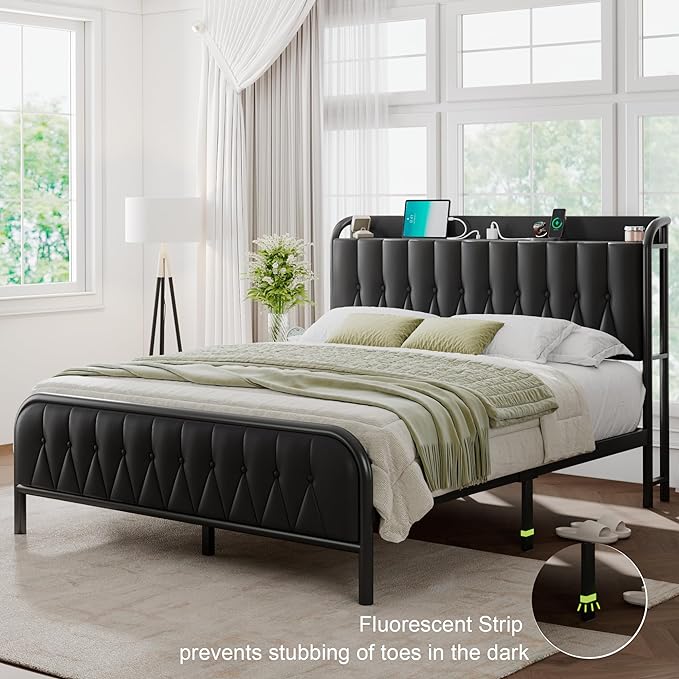 Feonase Queen Bed Frame with Type-C & USB Port, Metal Platform Beds, with Faux Leather Upholstered Headboard & Footboard, 12" Underbed Storage Space, Easy Assembly, Noise-Free, Black - LeafyLoom