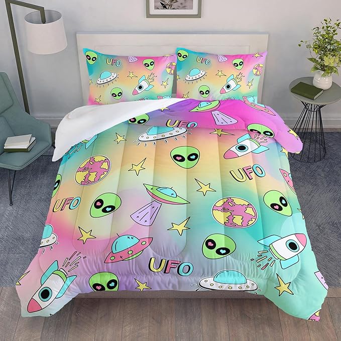 Datura home Space Alien Children Bedding Comforter Set for Girls Kids,Colorful Cartoon Outer Space Planet UFO Lovely Alien Theme Bedding Set with 1 Comforter and 2 Pillowcases(Alien3 Queen) - LeafyLoom