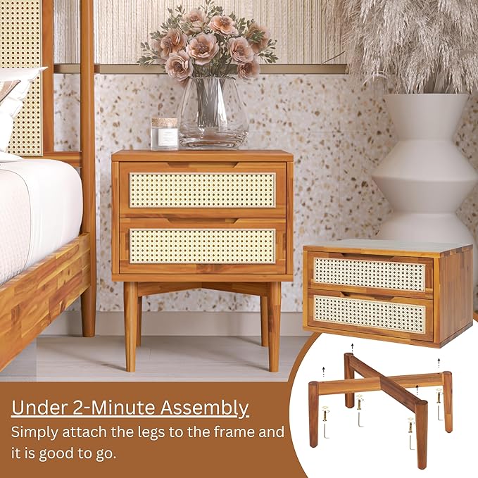 Bme Nightstand Oliver Solid Wood Rattan Side End Table, Fully Assembled, for Bohemian & Mid Century Style Bedroom and Living Room, Caramel - LeafyLoom