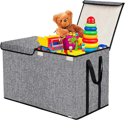 Large Kids Toy Box Chest Storage organizer with Double Flip-Top Lid - Collapsible Sturdy Toy Organizers And Storage Bins With Big Handles For Nursery, Playroom, 26.8"x13.8"x16"(Grey) - LeafyLoom