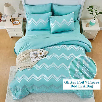 Wowelife 7 Pieces Comforter Set King Size Teal Silver Bedding Set Glitter Kids Bedding Set Blue Bed in a Bag Girls with Comforter, Flat Sheet, Fitted Sheet, 2 Pillow Shams and 2 Pillowcases - LeafyLoom