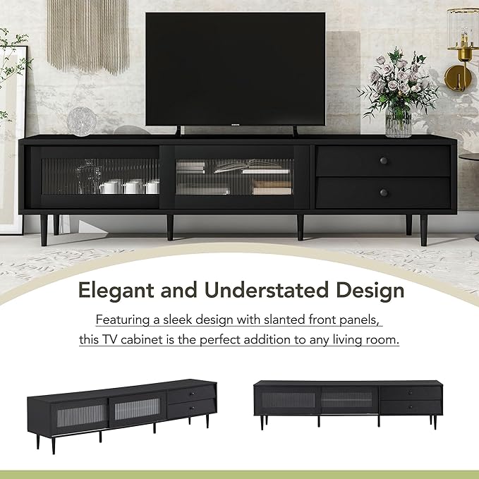 NicBex TV Stand for 75 Inch TV Modern TV Media Console Table with Sliding Fluted Glass Doors,Entertainment Center with Storage for Living Room,70.86 Inch,Black - LeafyLoom