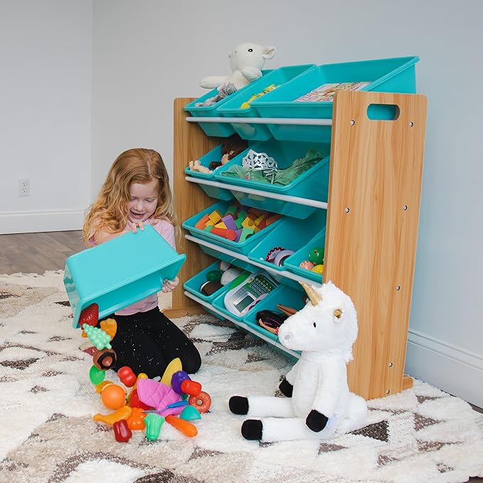 Humble Crew, Natural Wood/Aqua 12 Bin Toy Storage Organizer - LeafyLoom