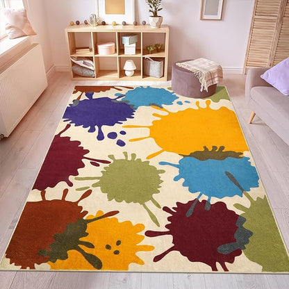 Large Area Rug for Living Room, 8'x10' Rainbow Kids Rug for Classroom, Colorful Art Washable Rug for Bedroom, Non-Slip Ink Splotch Nursery Rug Soft Modern Living Room Carpet for Dorm School - LeafyLoom