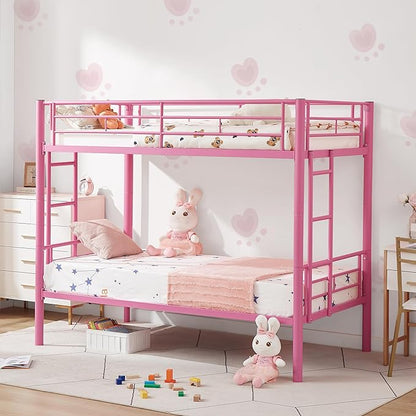 VECELO Metal Bunk Bed Twin Over Twin, Industrial Bunkbeds with Ladder and Full-Length Guardrail, Noise Free, No Boxing Spring Needed, Pink - LeafyLoom