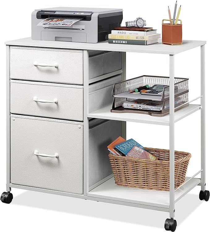 DEVAISE 3 Drawer Mobile File Cabinet, Rolling Printer Stand with Open Storage Shelf, Fabric Lateral Filing Cabinet fits A4 or Letter Size for Home Office, White - LeafyLoom