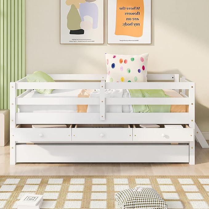 Merax Twin Modern Wood Daybed with Trundle Bed and Drawers Sofa Bed Frame for kids Boys Girls/No Box Spring Needed White - LeafyLoom