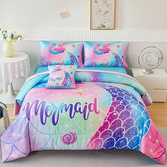 RYNGHIPY Mermaid Queen Girls Bedding Set, Colorful Rainbow Kids Girls Comforter Set with Sheets Soft and Lightweight, 6 Pieces Teen Girls Bed in a Bag - LeafyLoom