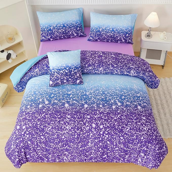 PERFEMET 6Pcs Full Size Comforter Sets for Girls Blue Purple Ombre Rainbow Kids Bedding Set Colorful Tie Dye Glitter Teen Girls Bedroom Decor Bed in A Bag - LeafyLoom