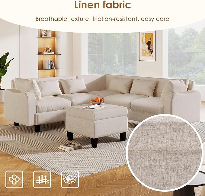 Sectional Sofa with 6 Pillows, Modern L-Shaped Modular Couch Upholstered 6 Seaters Living Room Indoor Furniture Sofa&Couch W/ & Coffee table Storage Ottoman, for Apartment,Various Combinations - LeafyLoom