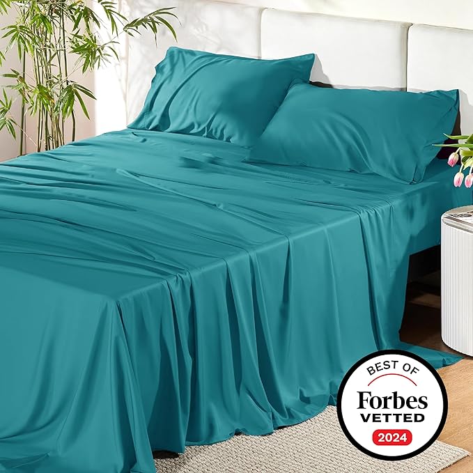 Bedsure Full Size Sheets, Cooling Sheets Full, Rayon Derived from Bamboo, Deep Pocket Up to 16", Breathable & Soft Bed Sheets, Hotel Luxury Silky Bedding Sheets & Pillowcases, Turquoise - LeafyLoom