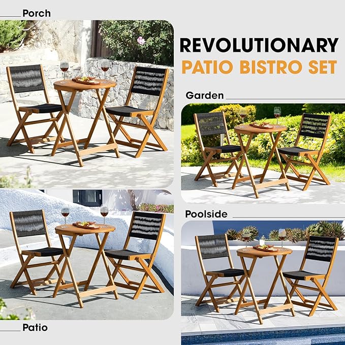 Solid Sauvage Bistro Set with Round Table (Grey), Wood Rope Design - Black - LeafyLoom