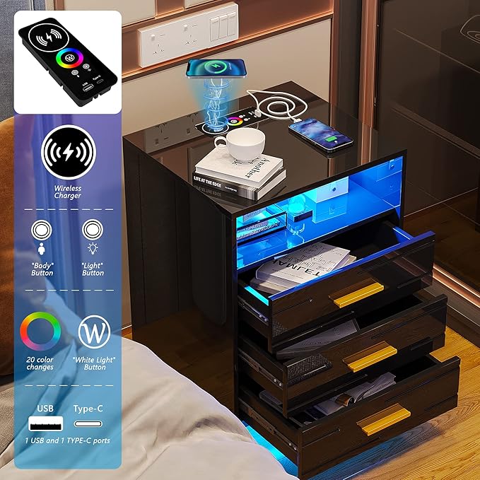 HNEBC Black Nightstand with Wireless Charging Station and Lights, 3 Drawers, Modern Bedside Table with Human Sensor for Bedroom - LeafyLoom