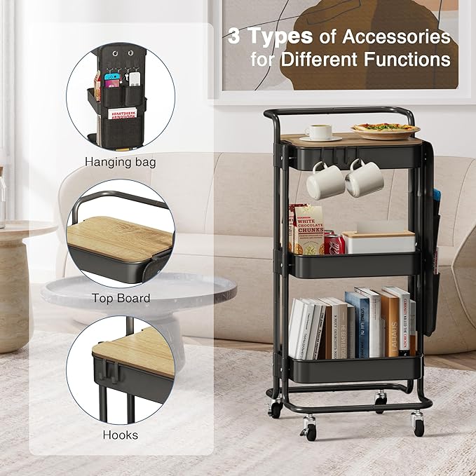 DTK 3 Tier Metal Utility Rolling Cart with Table Top and Side Bags, Tray Storage Organizer Wheels, Art Craft 4 Hooks for Kitchen Bathroom Office Living Room (Black) - LeafyLoom