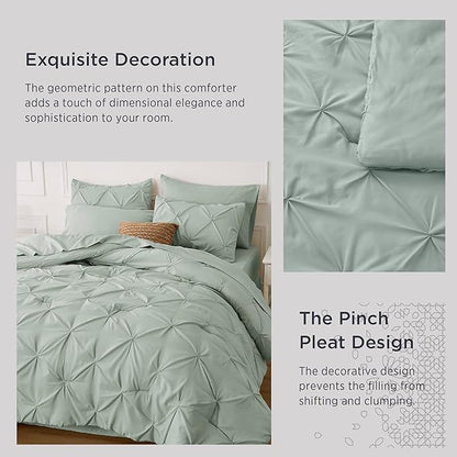 Bedsure King Size Comforter Set - Bedding Set King 7 Pieces, Pintuck Bed in a Bag Green Bed Set with Comforter, Sheets, Pillowcases & Shams - LeafyLoom