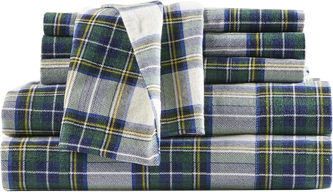 Comfort Spaces Cotton Flannel Breathable Warm Deep Pocket Sheets with Pillow Case Bedding, King, Green Plaid Scottish Plaid 4 Piece - LeafyLoom