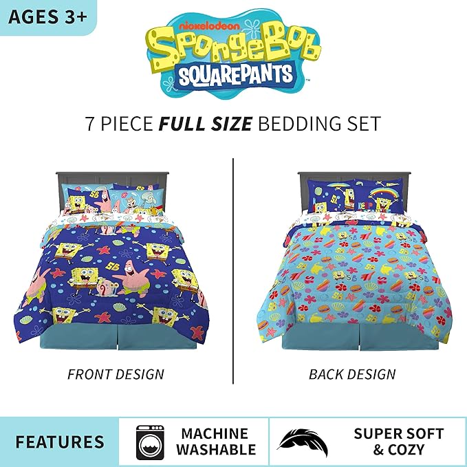 Franco Kids Bedding Super Soft Comforter and Sheet Set with Sham, 7 Piece Full Size, Spongebob Squarepants - LeafyLoom