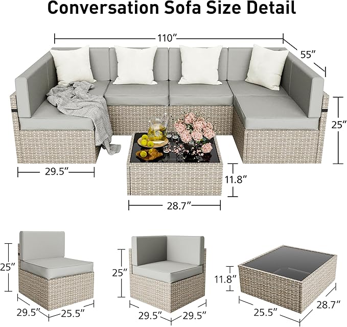 Pamapic 8 Pieces Patio Conversation Sets with fire Pit, Patio Furniture Sectional Sofa with Gas Fire Pit Table(Grey Wicker,Grey Cushions) - LeafyLoom