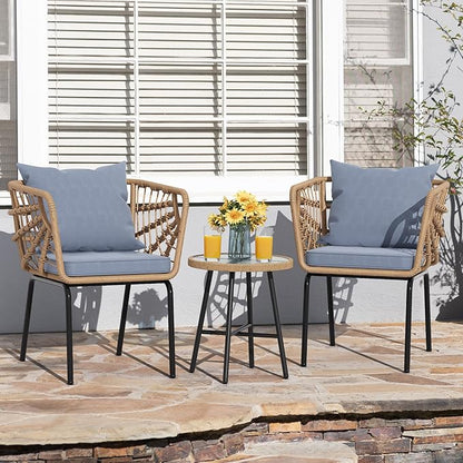 YITAHOME Wicker 3-Piece Outdoor Bistro Set, All-Weather Patio Conversation Set for Balcony, Backyard, Pool, Porch, Deck, Outdoor Sectional Furniture Set with Table & Cushions - Grey - LeafyLoom