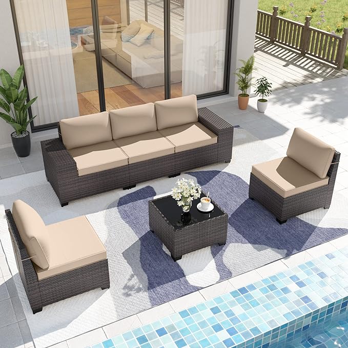 Patio Furniture Set Sofa 6-Piece Wicker Sectional Sofa Set, Outdoor Furniture Rattan Patio Sofa Conversation Set with Thickened Cushions and Glass Coffee Table, Sand - LeafyLoom